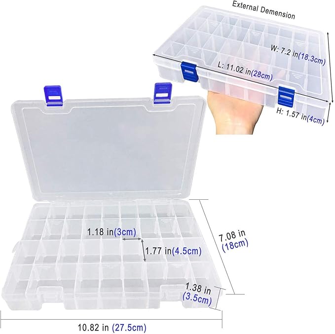 Qualsen Plastic Organizer Storage Box with Adjustable Dividers, Fishing Tackle Box and Bead Organizer Box for Jewelry, Beads, Earrings, Tools, Fishing Hooks, and Small Accessories（34 Grid x 3）