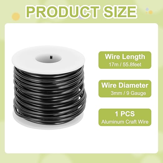 MECCANIXITY 9 Gauge Anodized Aluminum Craft Wire Bendable Bonsai Training Wire 56 Feet 3mm for Sculpting Crafts Wreath Floral Beading Jewelry Making, Black