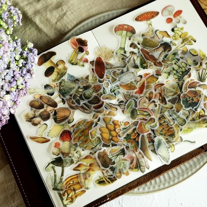 Vintage Vellum Stickers Floral Plants Elements Scrapbooking Supplies Flowers Botanic Natural Translucent Paper Self-Adhesive Junk-Journal Items (Small Mushroom)