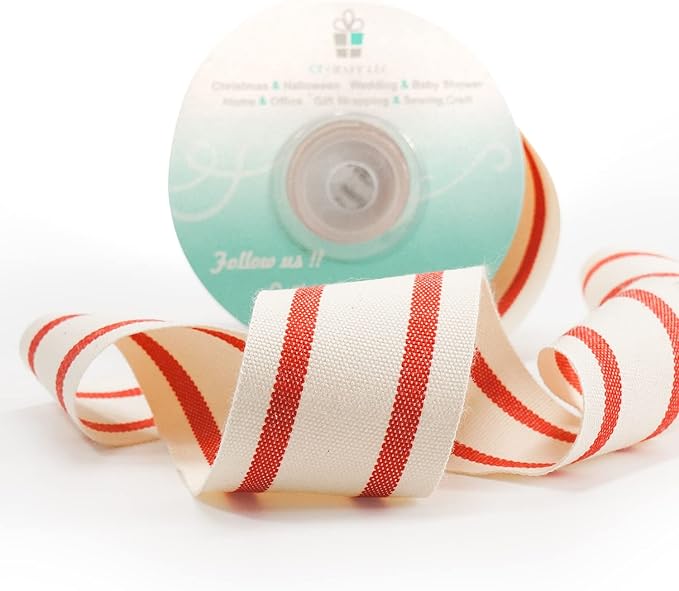 CT CRAFT LLC Ivory Cotton Red Stripes Ribbon 1.5" x 10 Yards for Home Décor Gift Present Wrapping DIY Crafts Birthday Wedding Bouquet Christmas
