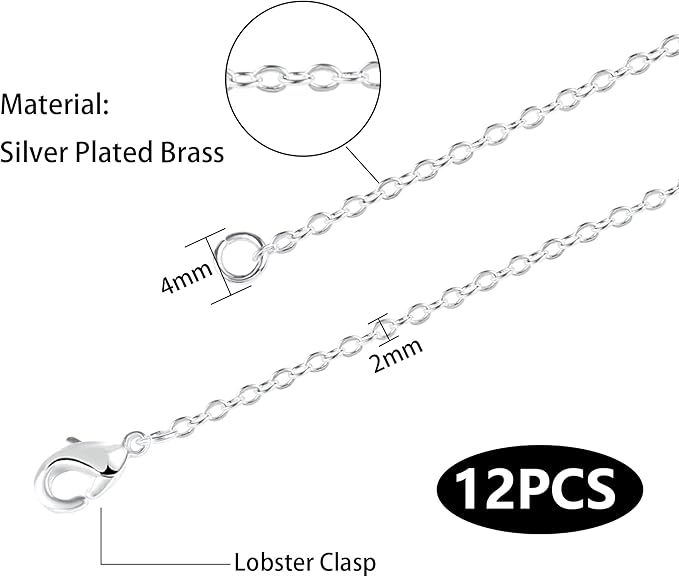 ALEXCRAFT Wholesale 12 PCS Silver Plated Solid Brass Flat Cable Chains Bulk for Jewelry Making (20 Inch(2MM))