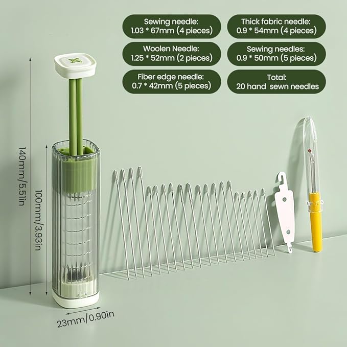 New Sewing Needle Case, Hand Sewing Needle Sewing Tool Set Threader Unthreader Tool, Upgrade Multi-Purpose Large-Eye Stitching Needle and Thread Kit for Leather (Green)