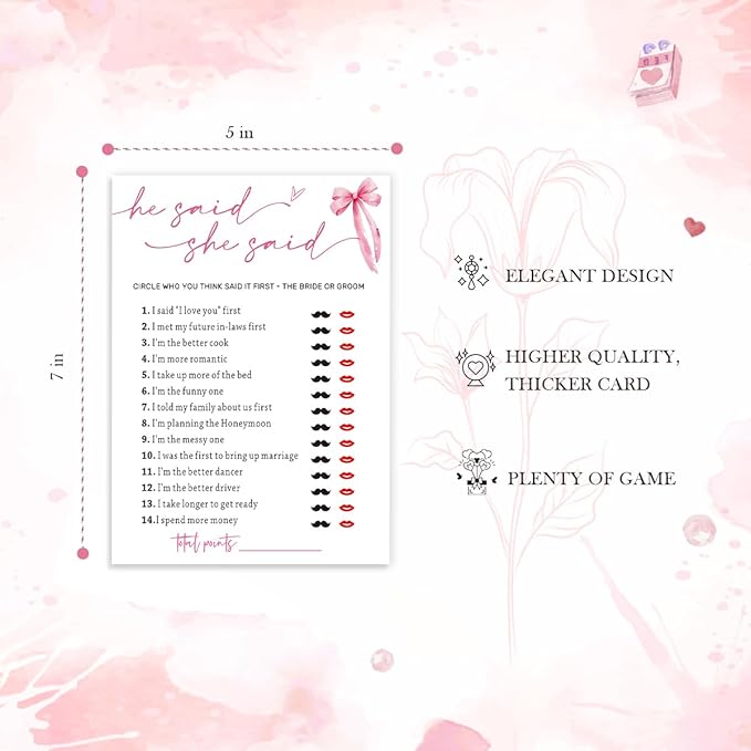Wedding Shower Games Cards, Guest Who Said It, He Said She Said Game Cards, Bridal Shower Games 25 Guests, Engagement Party Wedding Games for Guests, Pink Ribbon Bow Wedding Party Supplies - E07