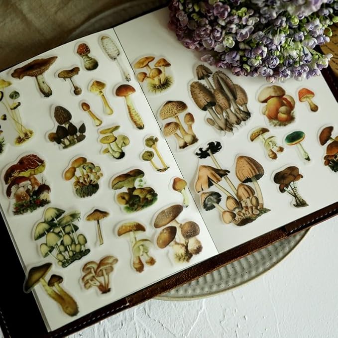 Vintage Vellum Stickers Floral Plants Elements Scrapbooking Supplies Flowers Botanic Natural Translucent Paper Self-Adhesive Junk-Journal Items (Small Mushroom)
