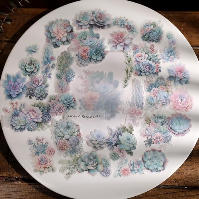 Vintage Vellum Stickers Floral Plants Elements Scrapbooking Supplies Flowers Botanic Natural Translucent Paper Self-Adhesive Junk-Journal Items (Succulent)