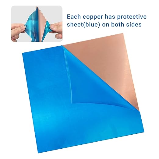 2 Pieces 99.9% Pure Copper Sheet, 4" x 4", 20 Gauge(0.8mm) Thickness, Film Attached Copper Plate, Great for Jewelry, Crafts, modelers