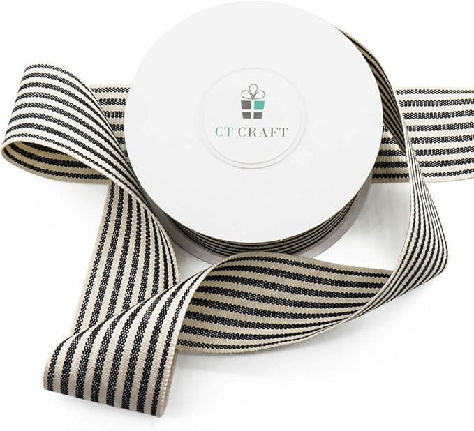 CT CRAFT LLC Ivory Cotton Black Stripes Ribbon 1.5" x 10 Yards for Home Décor Gift Present Wrapping DIY Crafts Birthday Wedding Bouquet Christmas