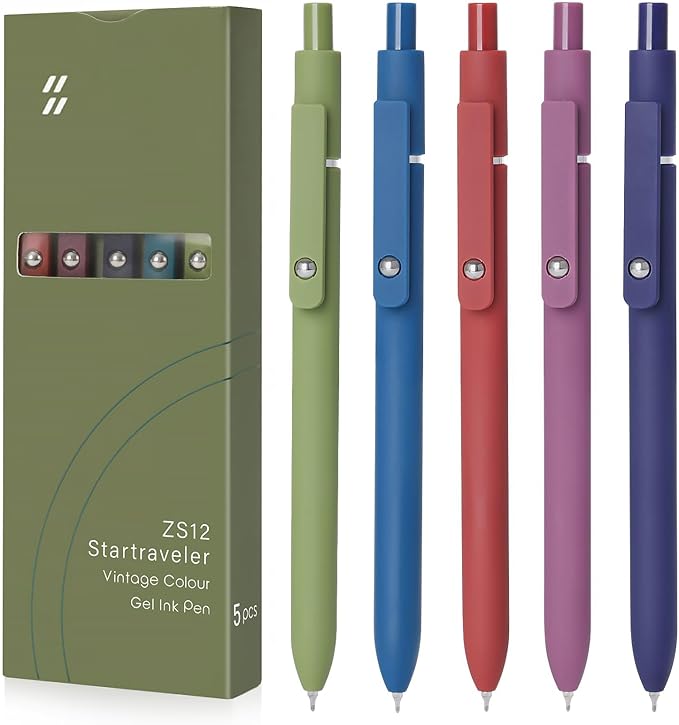 FIOVER Gel Pens, 5pcs 0.5mm Quick Dry Black Ink Fine Point Smooth Writing Pens High-End Series Ballpoint for Office School Supplies(Retro color)