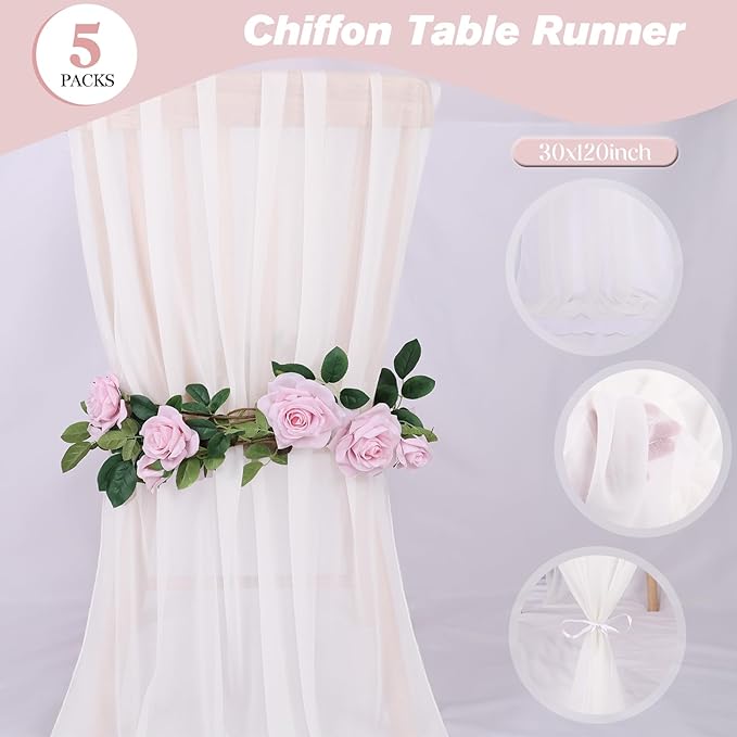 5 Packs 10ft White Chiffon Table Runner 30 x 120 Inches Romantic Sheer Table Runners for Wedding Party Bridal Baby Shower Birthday Holiday Decorations