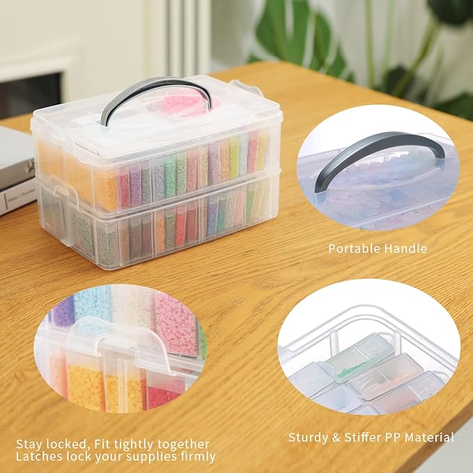 Douorgan 2-Tier Diamond Painting Storage Containers Portable Bead Organizer and Storage Box Stackable Arts & Crafts Organizers for Nail Charms Seed, 160 Rectangular, Funnel, Stickers