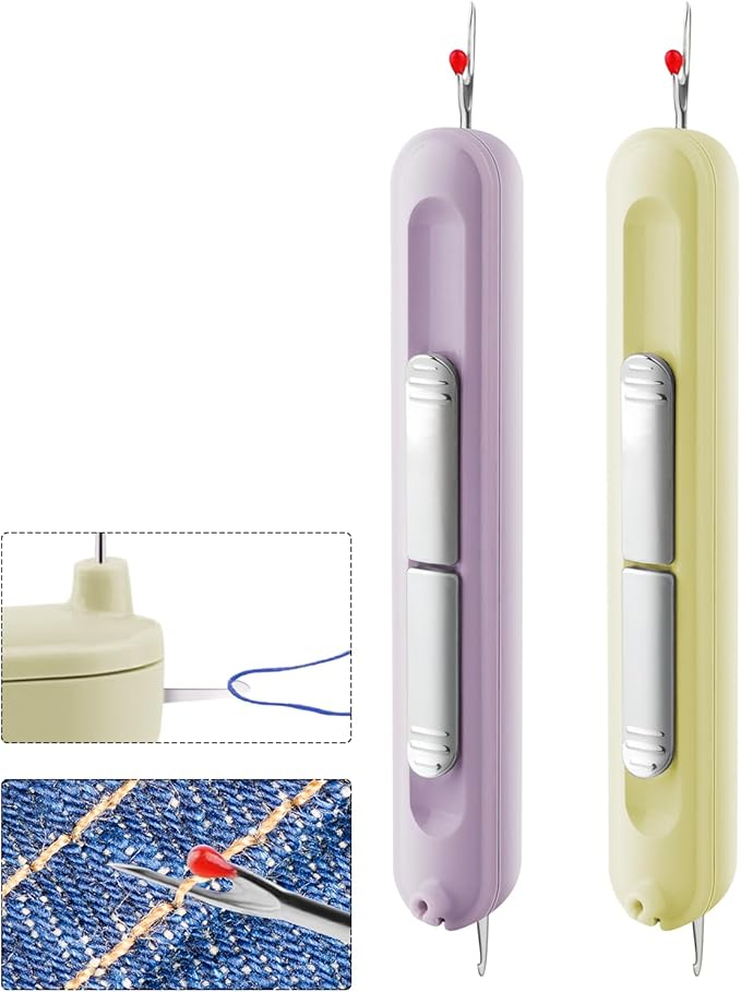 Needle Threaders, 2 in 1 Plug-in Needle Threader Seam Ripper Tool, Automatic Stretchable Seam Rippers for Sewing, Hand Quilling Supplies,Embroidery Stitch Removal (Purple/Yellow)