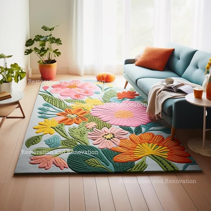 Handmade Wool Floral Area Rug for Living Room | Elegant Flower Garden Design, Soft, Thick and Durable | Bedroom, Dining Room & Home Decor Carpet (8' Round, Floral F)
