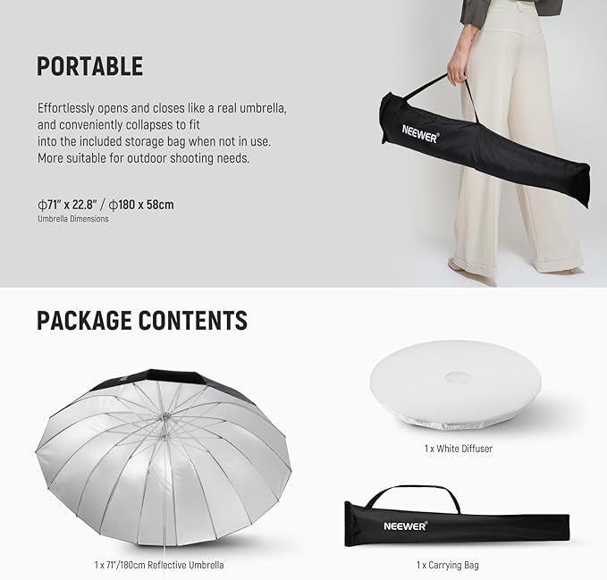 NEEWER 71"/180cm Parabolic Reflective Umbrella Photography with Silver Inner, Soft Lighting with Diffuser Cover, Bag, Quick Fold for Camera Photo Studio Video Light Shooting Monolight Flash, NS4U