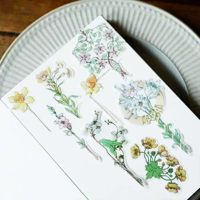 Vintage Vellum Stickers Floral Plants Elements Scrapbooking Supplies Flowers Botanic Natural Translucent Paper Self-Adhesive Junk-Journal Items (Retro Flowers)
