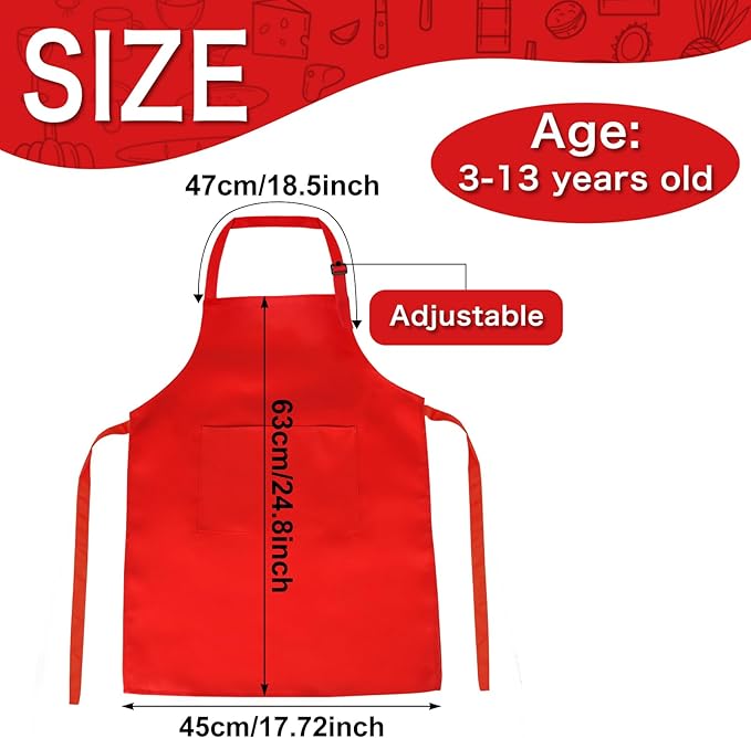 PLULON 6 Pcs Aprons for Kids Adjustable Kids Red Apron Bulk with Pocket Painting Aprons For Boys Girls Painting Cooking Baking (Red)