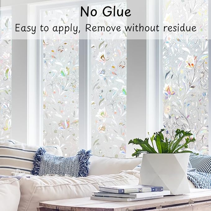 NINETREX Window Privacy Film,3D Stained Glass Window Film,Decorative Window Covering Sun Blocking Vinyl Static Cling Anti-UV Heat Control for Home Decor,Tulip 35.4 x 78.7inch