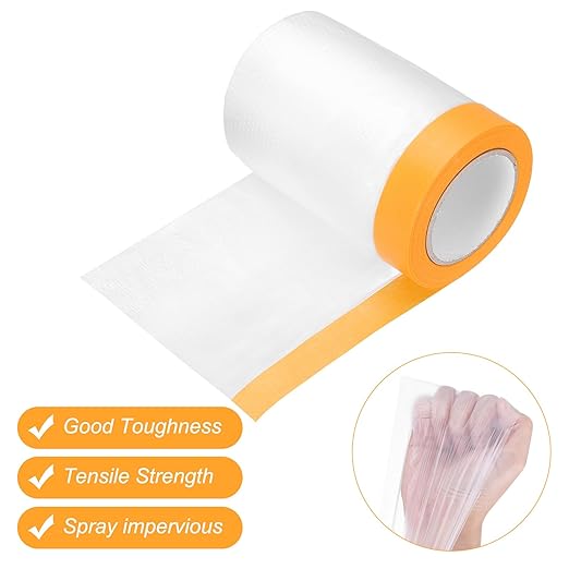 uxcell 6 Rolls Painters Plastic with Tape, 2 x 59 Ft Pre-Taped Masking Film Tape and Plastic Film Paint Plastic Covering Roll for Covering Skirting, Frames and Auto Body, Yellow/Clear