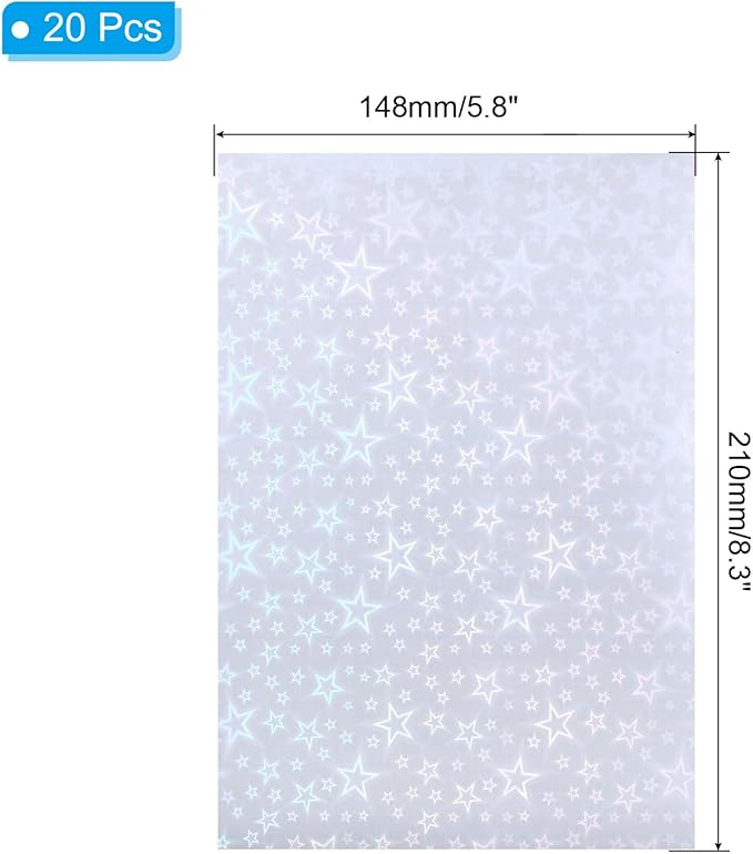 PATIKIL 8.3x5.8" Holographic Sticker Paper, 20Sheets A5 Polypropylene Self-Adhesive Transparent Waterproof Laminate Overlay Film for Photo Cards Scrapbook Decorations, Pentagram