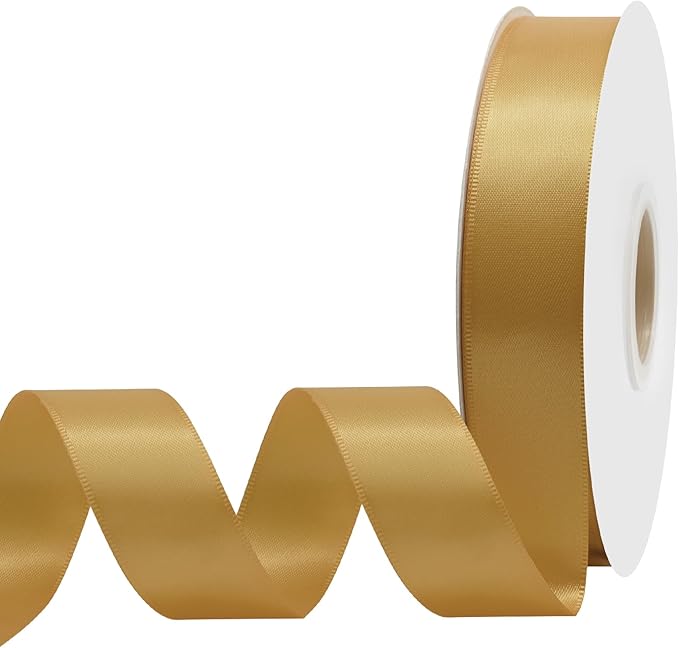 Old Gold Satin Ribbon 1" X 50 Yards Solid Color Double Faced Ribbons Perfect for Crafts Wedding Decor Bow Making Arts Sewing and More