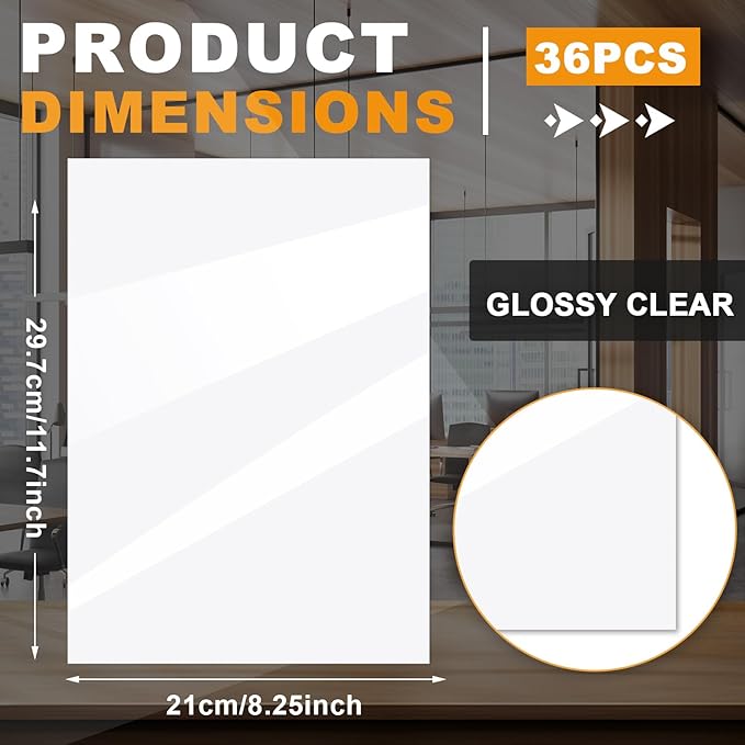 Clabby 36 Sheets Holographic Sticker Paper A4 Vinyl Sticker Paper Self Adhesive Waterproof Transparent Film, 11.7 x 8.3 inches(Clear)