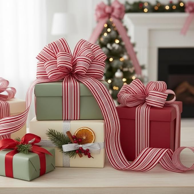 CT CRAFT LLC Red and White Stripe Wired Ribbon – 2.5" Wide x 10 Yards Long Decorative Fabric Ribbon for Crafts, Gift Wrapping, and Holiday Décor