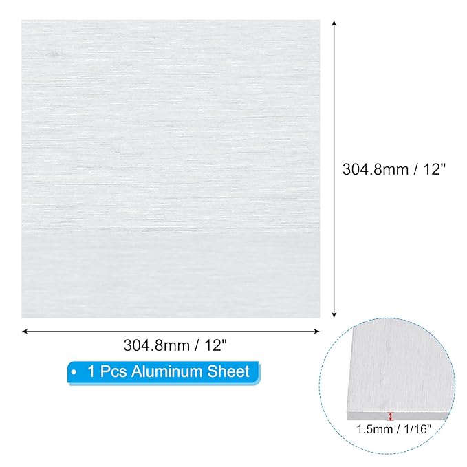 PATIKIL 6061 T651 Aluminum Sheet Metal 12 x 12 x 1/16(0.0625") Inch 1Pcs Flat Plain Aluminum Plate Covered Stock with Protective Film, Heat Rectangle 1.5MM for Lndustry Crafting