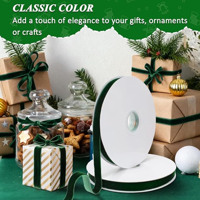 Dark Green Velvet Ribbon, 0.39 Inch x 20 Yards Single Faced Green Ribbon for Gift Wrapping, Bow Making, Christmas Tree Decorations, Wreath Making and DIY Crafts (10 Yards Each Roll)