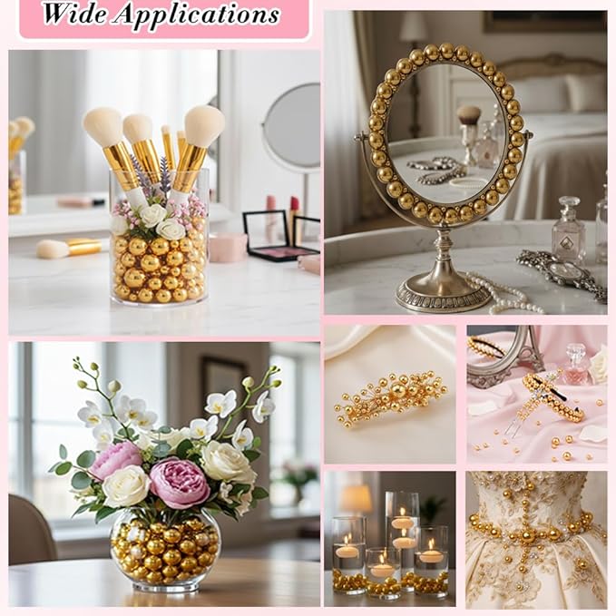 Pearl Beads No Hole Pearls for Crafting 180 Pcs Fake Pearls Bulk Faux Pearls for DIY Crafts Jewelry Making Vase Filler Floating Candle Wedding Birthday Party Home Decorations (Gold, 8/10/14/20mm)
