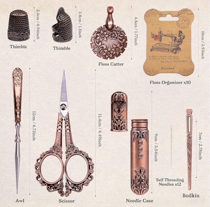 Vintage Embroidery Scissors Kit, Victorian Needlework Gift Set with Antique Shear, Thread Cutter, Thimbles, Needles, Awl, Bodkin, Winding Board for Sewing, Knitting, Cross Stitch, Quilting