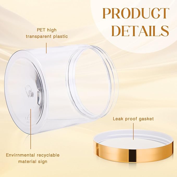 SATINIOR 24 Pieces Empty Clear Plastic Jars with Lids Round Storage Containers Wide Mouth for Beauty Product Cosmetic Cream Lotion Liquid Butter Craft and Food(Gold Lid,16 oz)