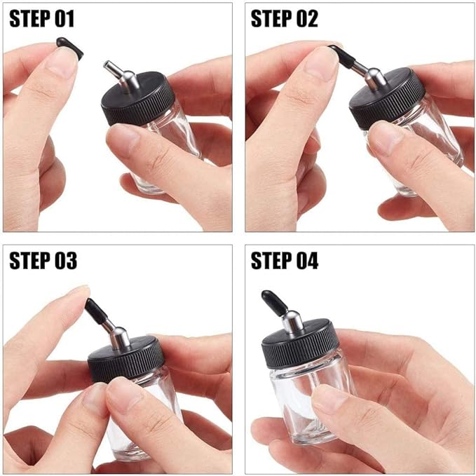 10pcs Airbrush Glass Bottles(60°Down Angle) 3/4oz 22cc with Jar Caps and Extra Lids O-Rings Straws,Airbrush Paint Storage Jars,for Dual Action Airbrush
