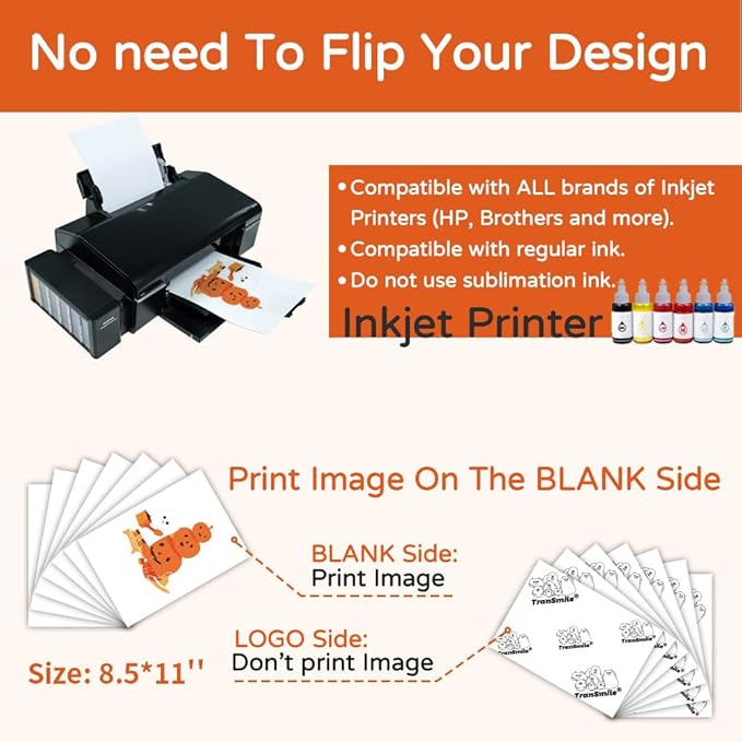 TranSmile PU-Heat Transfer Paper for Inkjet Printer (40 Sheets, 8.5x11", Dark) Iron on Transfers for Dark Fabric, Printable Heat Transfer Vinyl for T Shirts, Vibrant & Washable