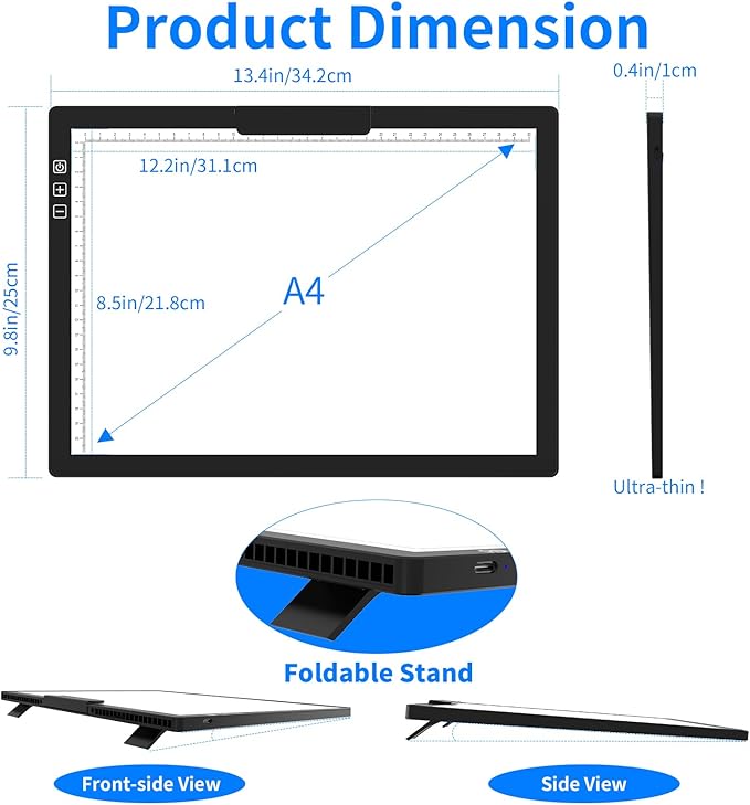 HIUKCOLED Rechargeable A4 Light Pad, Battery Powered Light Board with Top Clip＆Stand, Stepless Dimmable＆6-Level Brightness Adjustable, Wireless LED Tracing Box for Diamond Painting,Drawing,Sketching