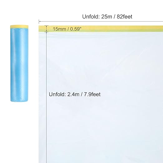 uxcell Pre-Taped Masking Film, 7.9ft x 82ft Plastic Paint Drop Cloth with Medium-Tack Painters Tape for Painting Spraying Protection Blue Film 6Pcs