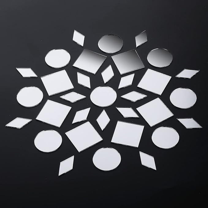 Prasacco 120 Pcs Small Mirrors for Crafts, 3 Shapes Mirror Pieces for Crafts, Square Diamond Round Craft Mirror DIY Mirror Mosaic Tiles for Disco Ball Lamp Framing Decoration