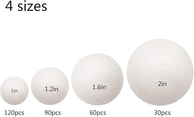 300 Pack Craft Foam Balls, 4 Sizes Including 1-2 Inches, Polystyrene Smooth Round Balls, Foam Balls for Arts and Crafts, DIY Craft for Home, Supplies School Craft Project and Holiday Party, White