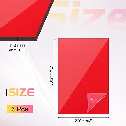 uxcell 3Pcs Acrylic Sheets 12x8 Inch Acrylic Panel 1/8 Inch-3mm Plastic Board for Picture Frames Sign Holders DIY Display Projects Craft, Clear Red