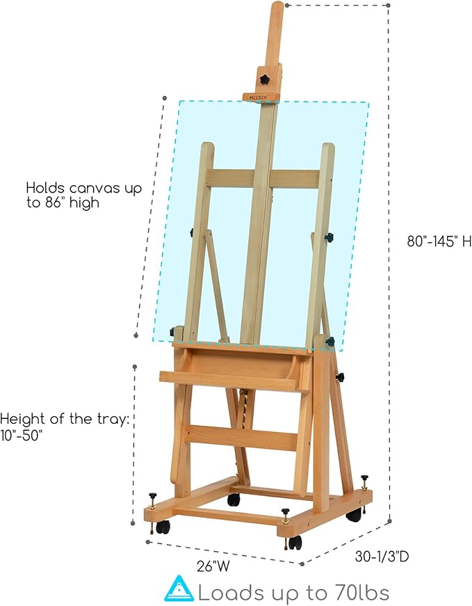 MEEDEN Enlarged Heavy-Duty H-Frame Easel: Artist Solid Beech Wooden Studio Easel - Professional Painting Art Easel Stand with 4 Lockable Wheels & Leveling Bolts - Hold Canvas up to 86" H
