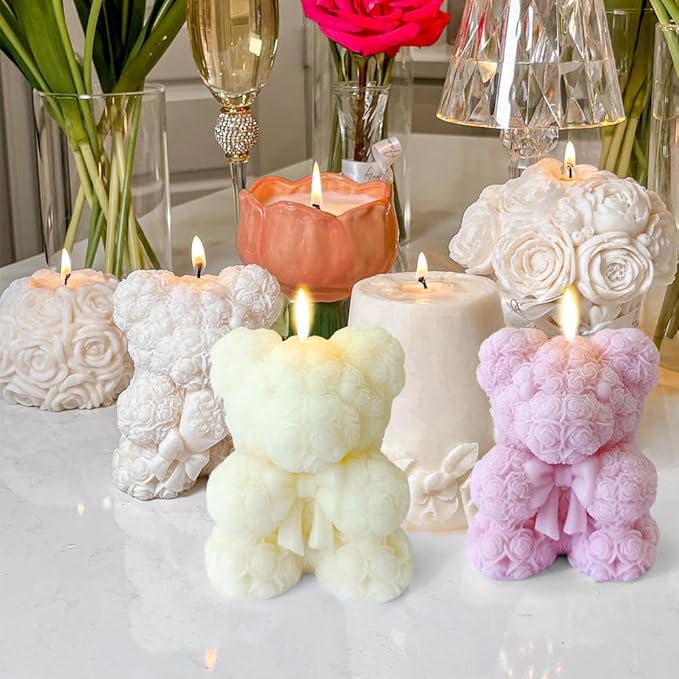 Bowtie Rose Bear Candle Mold - 3D Teddy Bear Candle Making Molds, Cute Epoxy Resin Molds for DIY Handmade Soaps,Valentine Gifts,Mother's Day Gifts,Birthday Gifts & Home Decorations(Bow Tie Bear Large)