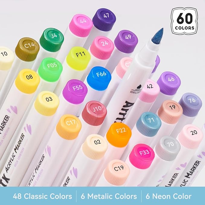 Arrtx 60 Colors Acrylic Paint Pens, Markers Paint Pens, Brush Tip for Rock Painting, Wood, Canvas, Stone, Ceramic, DIY Crafts Making Art Supplies-with Neon & Metallic & Regular Color-60A