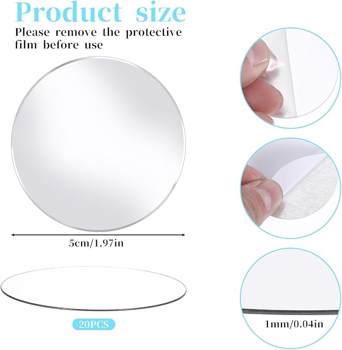 20Pcs Mini Acrylic Round Mirror Tiles Circles Craft Mirror Tiles Self Adhesive Mirror Stickers Decorative Mosaic Mirror Sheets for DIY Crafts, Wall Decor, Jewelry Making (2 Inch)