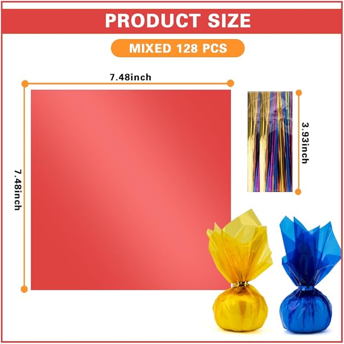 128 PCS Colored Cellophane Wrap Paper(7.48x7.48 Inch) Treat Candy Small Gifts Wrapping Baskets Colorful Plastic Sheets for Crafts Transparent Clear Clings Birthday Baby Shower Holiday Party Decor