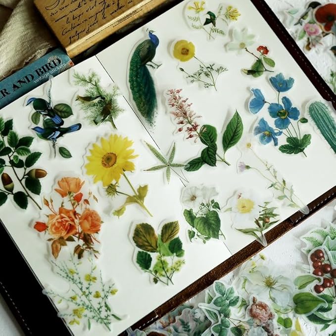 Vintage Vellum Stickers Floral Plants Elements Scrapbooking Supplies Flowers Botanic Natural Translucent Paper Self-Adhesive Junk-Journal Items (Bird Patterns)