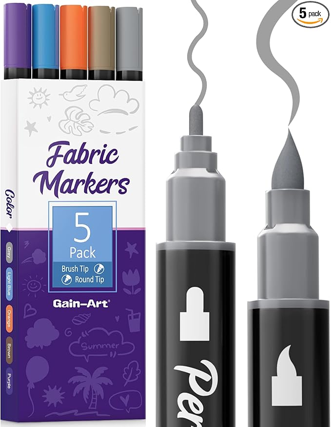 Dual-Tip Fabric Markers Permanent for Clothes No Bleed, Quick Dry & Non-Toxic Fabric Paint Pens Set for Canvas, T-Shirts, Bags, Textile, 5 Pack