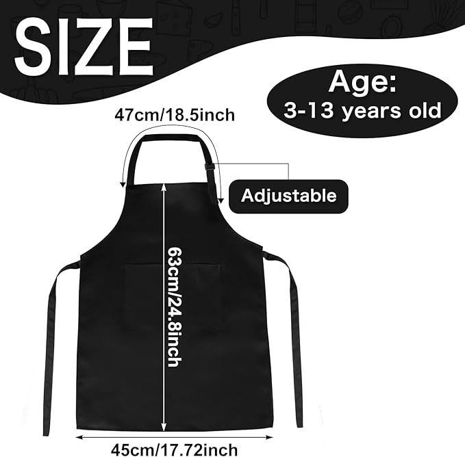 PLULON 12 Pcs Kids Apron Adjustable Kids Chef Apron Set with 2 Pocket for Painting Cooking Baking Grilling Crafting (Black)