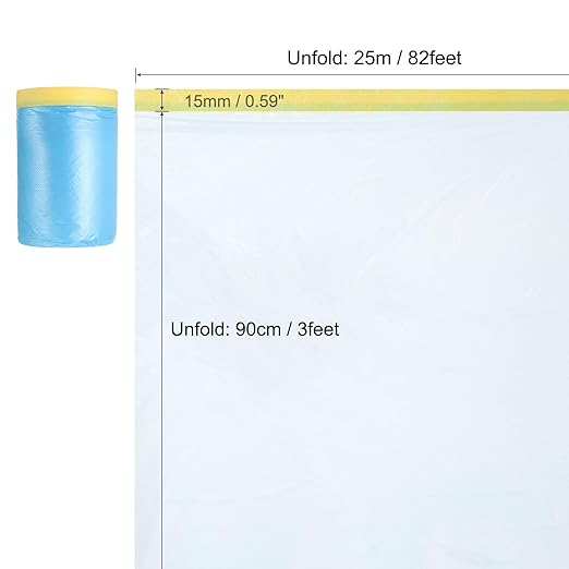 uxcell Pre-Taped Masking Film, 3ft x 82ft Plastic Paint Drop Cloth with Medium-Tack Painters Tape for Painting Spraying Protection Blue Film 6Pcs