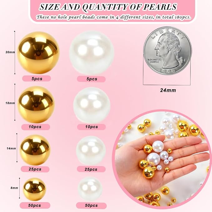 Pearl Beads No Hole Pearls for Crafting 180 Pcs Fake Pearls Faux Pearls for DIY Crafts Jewelry Making Vase Filler Floating Candle Wedding Birthday Party Home Decorations (Gold & Ivory, 8/10/14/20mm)