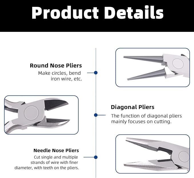 Glarks 8Pcs Jewelry Making Pliers Tools Kit includes Needle Nose Pliers, Wire Cutters, Wooden Awl, Tweezers, thimble ring, U-shape Scissors for Jewelry Making, Repair and Beading