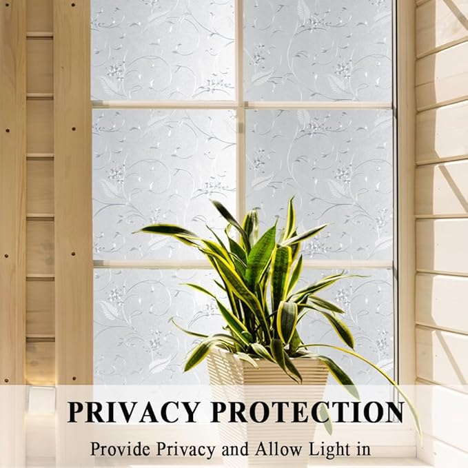 Mikomer Privacy Window Film Etched Flowers Static Cling Glass Door Film, Non Adhesive Heat Control Anti UV Window Cling for Office and Home Decoration,23.6 inches by 78.7 inches