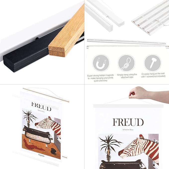 Ywlake Magnetic Poster Hanger, 18x24 18x12 18x24 Poster Frame Wood Wooden Magnet Print Posters Dowel Scroll Hanger Hangers Hanging Kit for Walls Map Canvas Artwork (White, 18")
